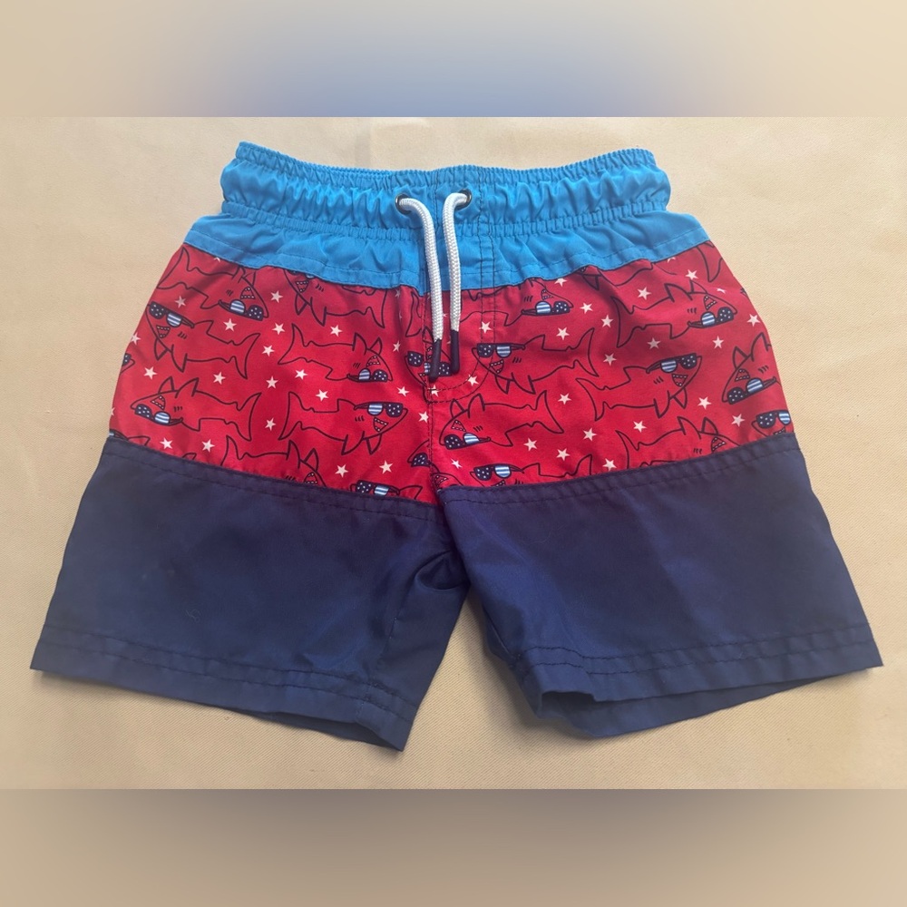 Toddler Cat & Jack Red White & Blue Shark Swim Trunks Size 3T Drawstring‎ Pocket